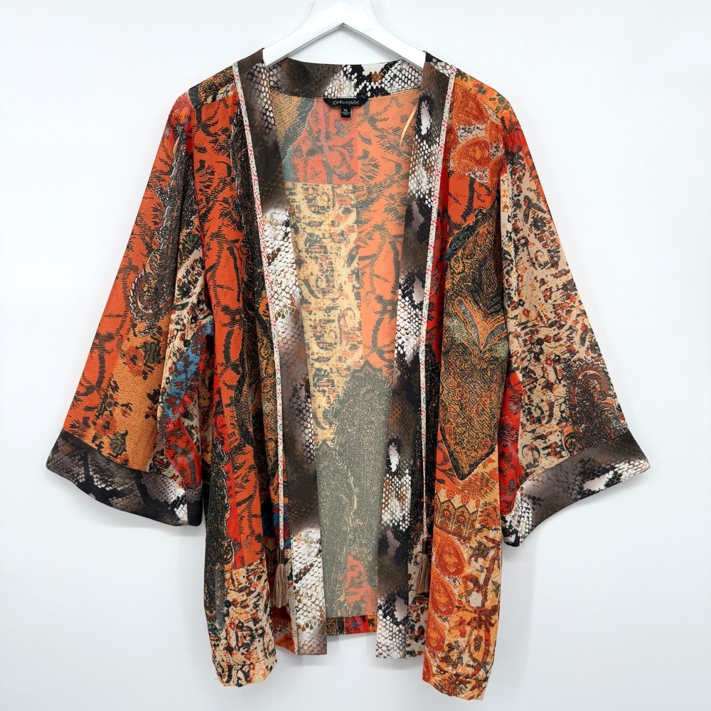 John Mark Jacket Kimono Size XL Sheer 3/4 Sleeve Tassels Artsy Patchwork Boho